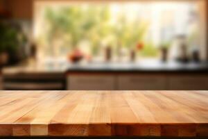 wooden table on blurred kitchen bench background AI Generative photo