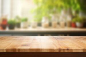 wooden table on blurred kitchen bench background AI Generative photo