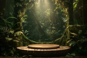 Wooden podium in tropical forest for product presentation AI Generative photo