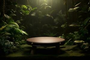 Wooden podium in tropical forest for product presentation AI Generative photo