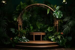 Wooden podium in tropical forest for product presentation AI Generative photo