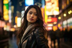 Beautiful asian girl wearing casual attire in sidewalk AI Generative photo