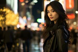 hermosa asiático niña vistiendo casual atuendo en acera ai generativo foto