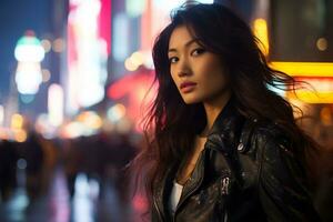 Beautiful asian girl wearing casual attire in sidewalk AI Generative photo