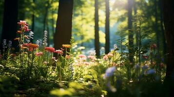 Various kinds of flowers grow in the depths of the natural forest AI Generative photo