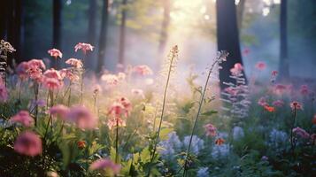 Various kinds of flowers grow in the depths of the natural forest AI Generative photo