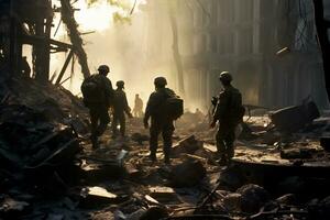 Soldiers walk through the ruins of a city caused by war AI Generative photo