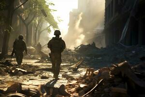 Soldiers walk through the ruins of a city caused by war AI Generative photo