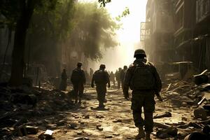 Soldiers walk through the ruins of a city caused by war AI Generative photo