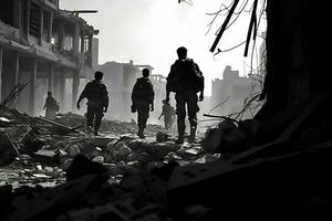 Soldiers walk through the ruins of a city caused by war AI Generative photo