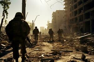 soldados caminar mediante el restos de un ciudad causado por guerra ai generativo foto
