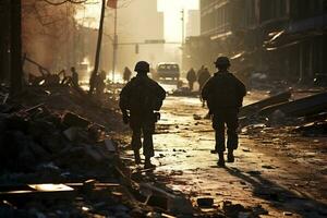 Soldiers walk through the ruins of a city caused by war AI Generative photo