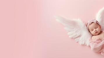 Newborn baby girl in angel wings on pink background. Copy space.AI Generated photo