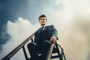 Young businessman sitting on a ladder against cloudy sky. Business concept.AI Generated photo