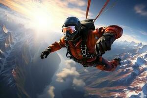 Skydiving. Man jumping with a parachute. Extreme sport.AI Generated photo