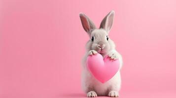 linda blanco Conejo con corazón en rosado fondo, san valentin día concepto.ai generado foto