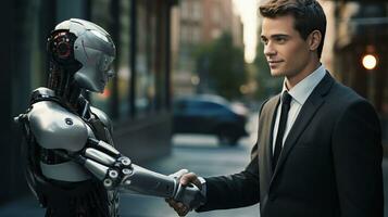 Businessman and robot shaking hands on city street. Business concept.AI Generated photo