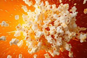 Popcorn flying in the air on orange background.AI Generated photo