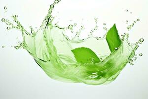 verde chapoteo de agua con un aislado hoja en un blanco fondoai generado foto