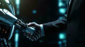 Close up of businessman hand holding robot arm.AI Generated photo