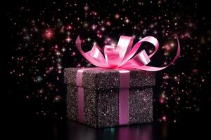 Gift box with pink ribbon on black background.AI Generated photo