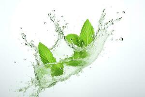 Mint leaves with water splash isolated on white background.AI Generated photo