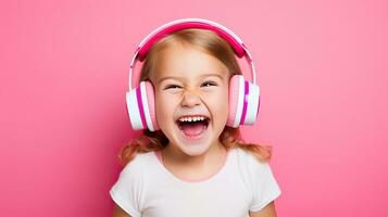 Happy little girl with headphones on a pink background. Childhood, technology and human concept.AI Generated photo