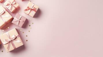Gift boxes on pastel pink background. Flat lay, top view.AI Generated photo