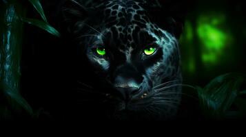 Black panther with green eyes on a black background.AI Generated photo