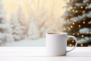 Coffee cup mockup on wooden table on christmas background.AI Generated photo