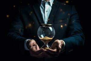 Close up of businessman holding hourglass. Time management concept.AI Generated photo