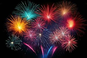 Colorful fireworks of various colors on black background. Abstract background.AI Generated photo