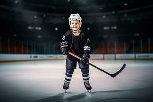 pequeño chico con un hockey palo en un pista.ai generado foto