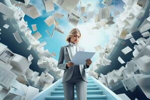 Business woman with documents in hands standing on stairs among flying papers against blue sky.AI Generated photo