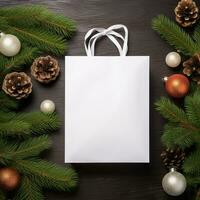 Christmas shopping bag mockup on wooden background.AI Generated photo