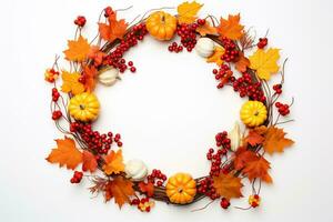 Autumn wreath with pumpkins, leaves and berries on white background.AI Generated photo