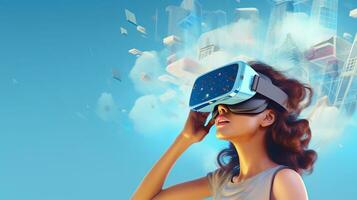 Young woman with virtual reality headset or 3d glasses.AI generated photo