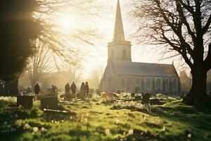 Charm Easter morning in countryside churchyard AI Generative photo