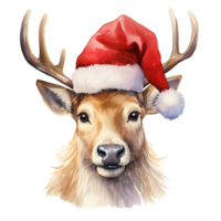 Reindeer Wearing Santa Hat For Christmas Event. Watercolor Style. AI Generated png