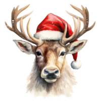 Reindeer Wearing Santa Hat For Christmas Event. Watercolor Style. AI Generated png