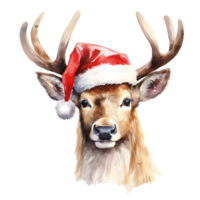 Reindeer Wearing Santa Hat For Christmas Event. Watercolor Style. AI Generated png