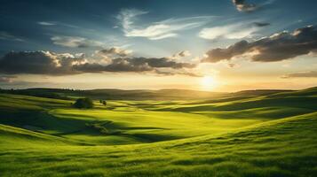 Majestic sunset over green meadows AI Generative photo