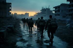 Soldiers walk through the ruins of a city caused by war AI Generative photo