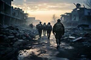 Soldiers walk through the ruins of a city caused by war AI Generative photo