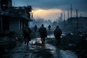 Soldiers walk through the ruins of a city caused by war AI Generative photo