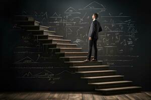 Businessman standing on stairs leading to a blackboard with business sketches.AI Generated photo