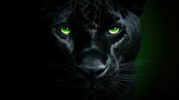 Close up of a leopard face with green eyes on a black background.AI Generated photo