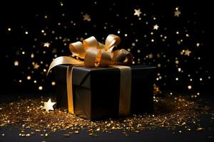 Black gift box with golden bow and confetti on black background.AI Generated photo