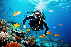 Scuba diver swimming underwater with colorful tropical fish and corals.AI Generated photo