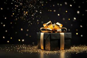 Black gift box with golden bow on bokeh background. Christmas and New Year concept.AI Generated photo